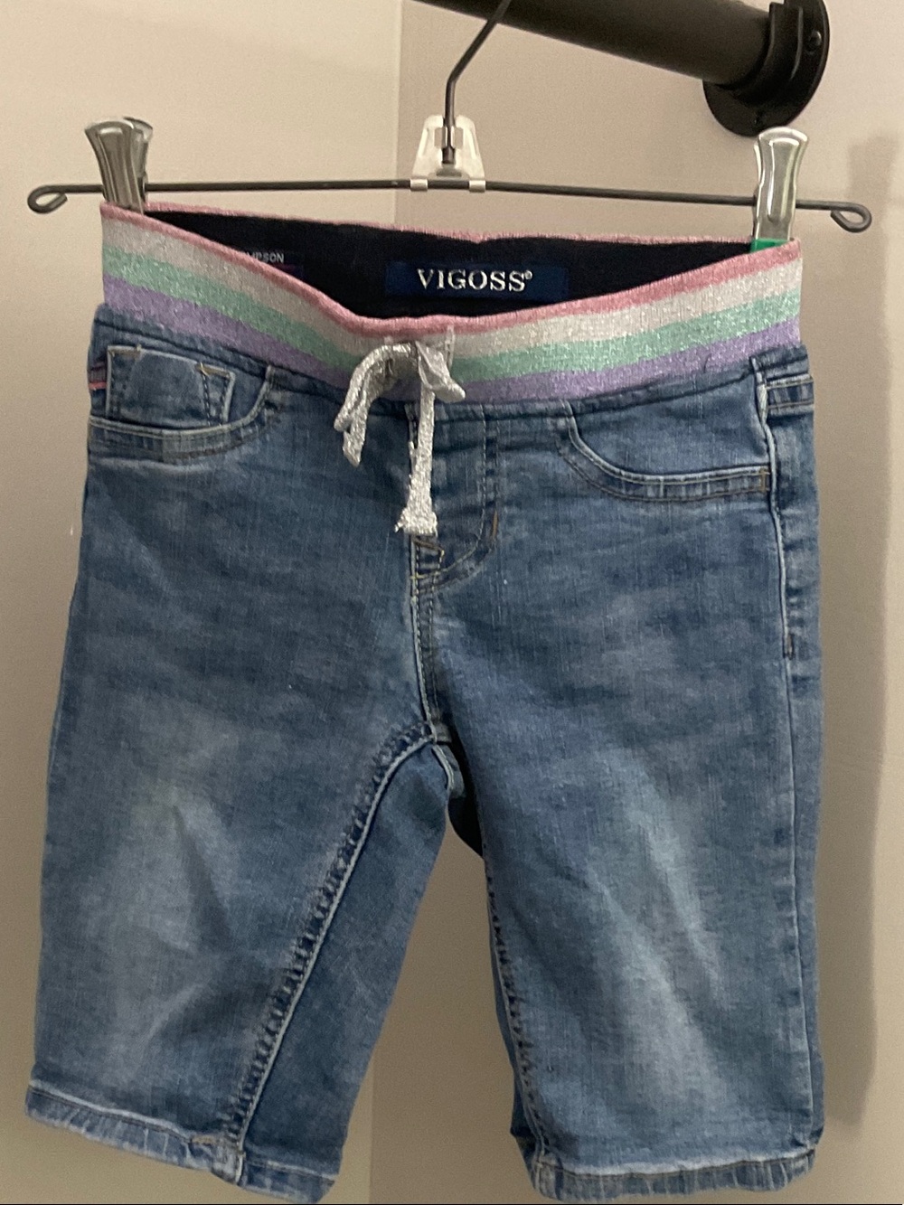 Vigoss Blue Denim Jegging Shorts with Glitter Rainbow Waistband